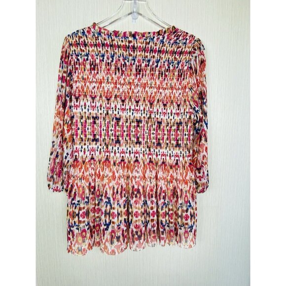 Rose + Olive Size XL Colorful Print Smocked Popover Top Boho Peasant Orange Red - Picture 9 of 12